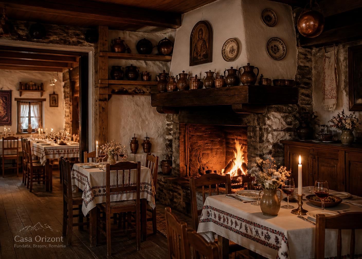 Sala conacului, cu vatra aprinsă și mese așezate cu ștergare țesute